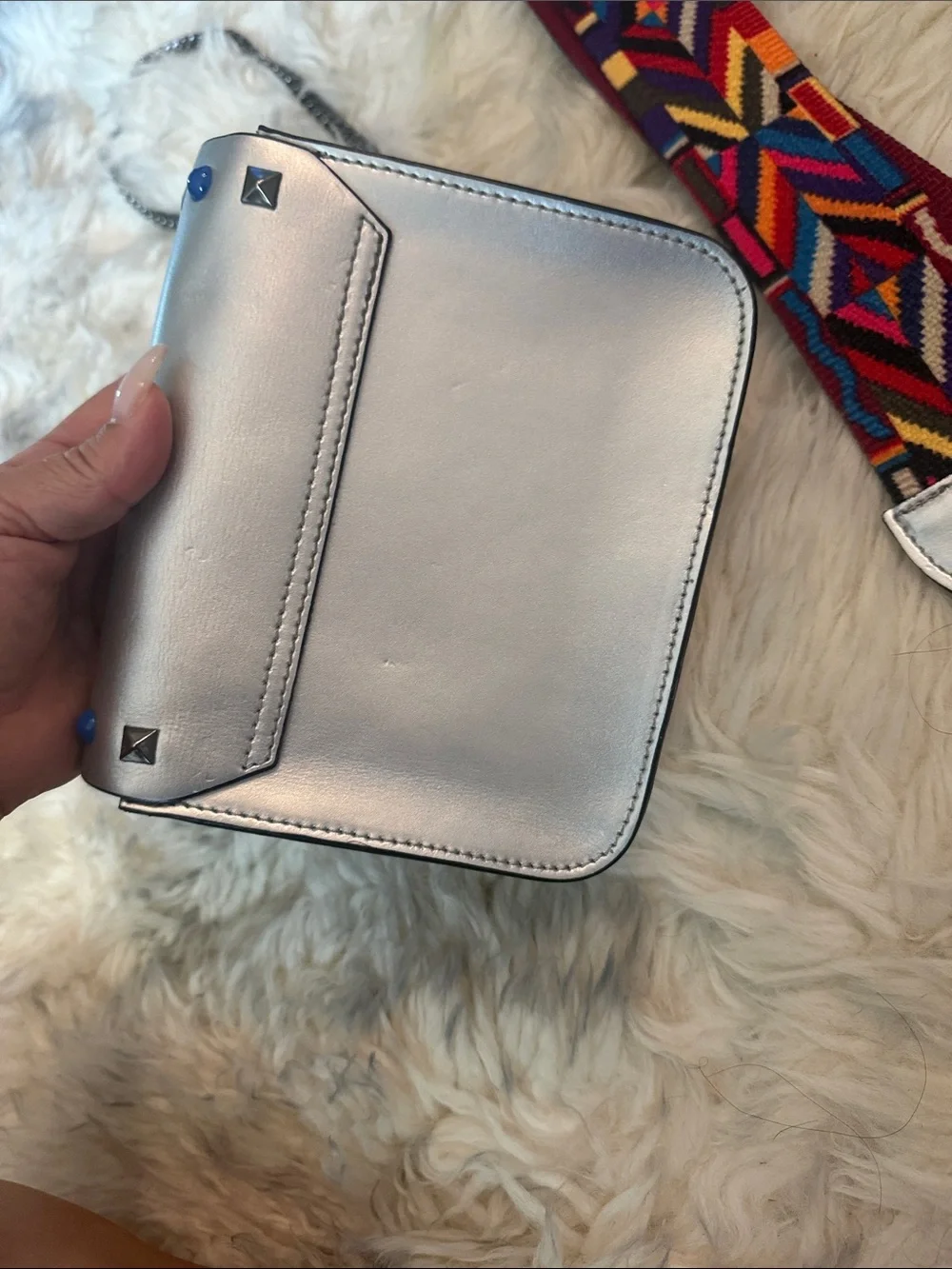 Vera Pelle Metallic silver  Crossbody with Multicolor Studs and 2 Straps
